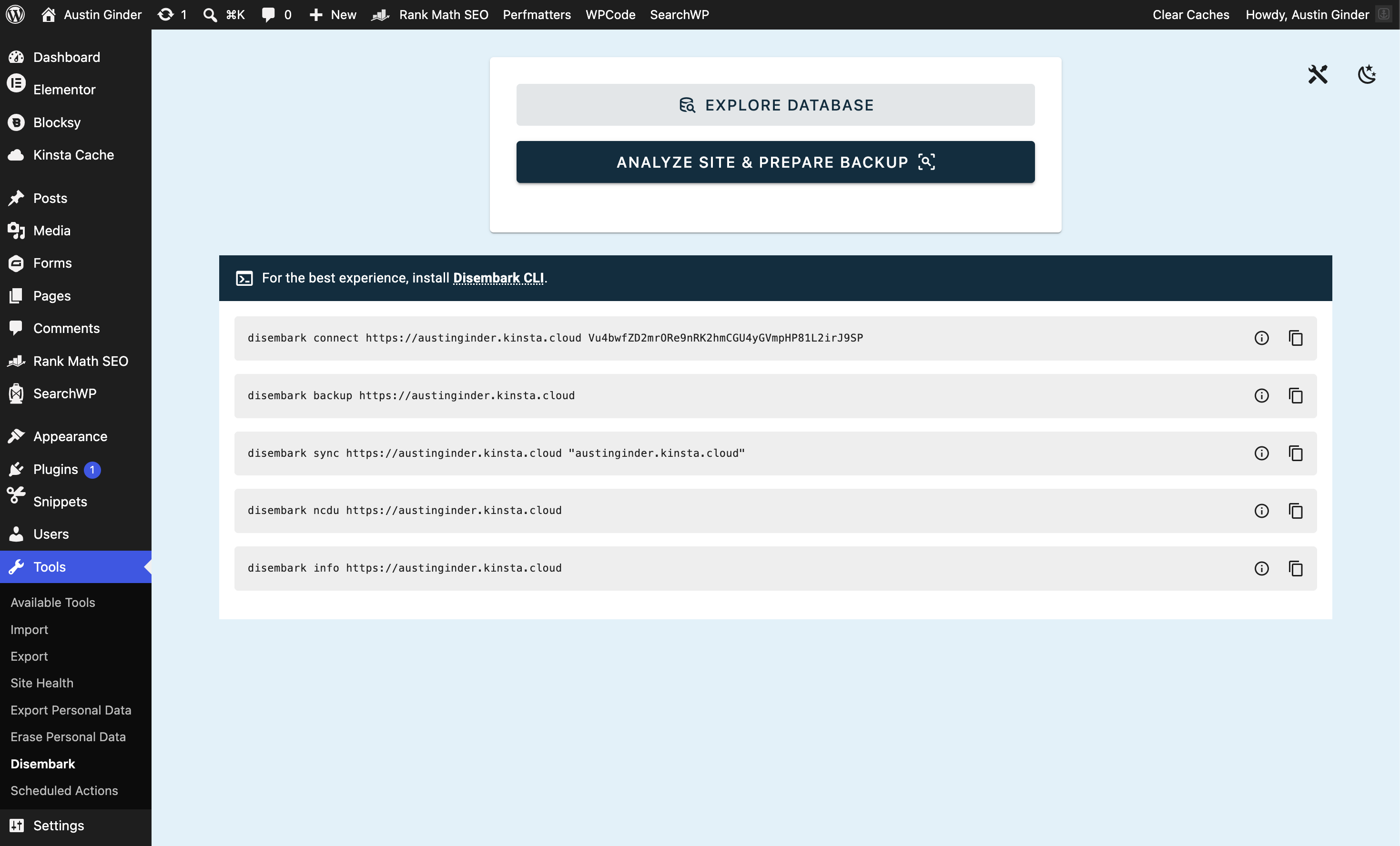 The Disembark dashboard running inside WP-Admin under Tools